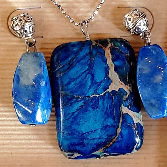 Hand Crafted Jewelry - Natural Blue Jasper Stone Sterling Silver Dangle Necklace and Earrings Set